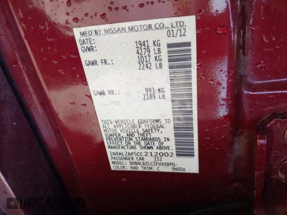 2012 Nissan Altima S z VIN 1N4AL2AP5CC212002, wystawiony jako IAAI lot #41914765 z przebiegiem 178 443 mil mil oraz . Historia ofert i sprzedaży dostępna na DreamBid. Obrazek 9.