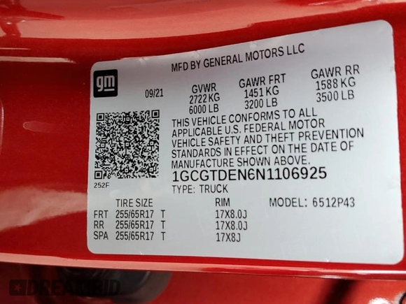 2022 Chevrolet Colorado 4WD Z71 with VIN 1GCGTDEN6N1106925, listed as a Copart auction lot 55877825 with 57,354 mi miles and Salvage title. Bid and sale history available at DreamBid. Image 12.