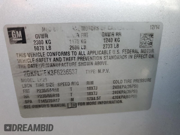 2015 GMC Terrain SLT with VIN 2GKFLXEK3F6236537, listed as a Copart auction lot 48886845 with 128,948 mi miles and Salvage title. Bid and sale history available at DreamBid. Image 13.