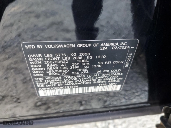 2024 Volkswagen Atlas Cross Sport 2.0T SE w/Technology with VIN 1V2HE2CAXRC231664, listed as a Copart auction lot 85945494 with 13,508 mi miles and Salvage Title. Bid and sale history available at carsss.com. Image 14.
