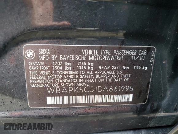 2011 BMW 3 Series 328i xDrive z VIN WBAPK5C51BA661995, wystawiony jako Copart lot #50333965 z przebiegiem Nie podano mil oraz Czysty tytuł • Clean title. Historia ofert i sprzedaży dostępna na DreamBid. Obrazek 12.