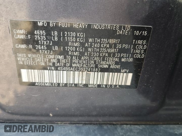 2016 Subaru Outback Premium with VIN 4S4BSAEC2G3241882, listed as a Copart auction lot 61627565 with 192,978 mi miles and Salvage title. Bid and sale history available at DreamBid. Image 13.