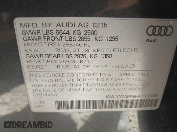 2015 Audi SQ5 Premium Plus with VIN WA1CGAFP8FA111069, listed as a IAAI auction lot 41155312 with 148,888 mi miles and . Bid and sale history available at DreamBid. Image 9.