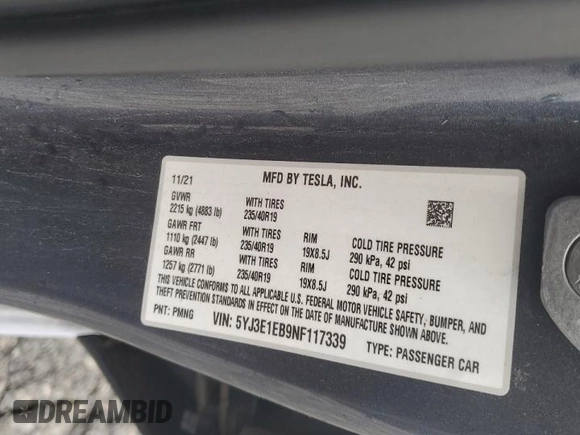 2022 Tesla Model 3 Long Range with VIN 5YJ3E1EB9NF117339, listed as a Copart auction lot 55659415 with 87,479 mi miles and Salvage Title. Bid and sale history available at DreamBid. Image 12.