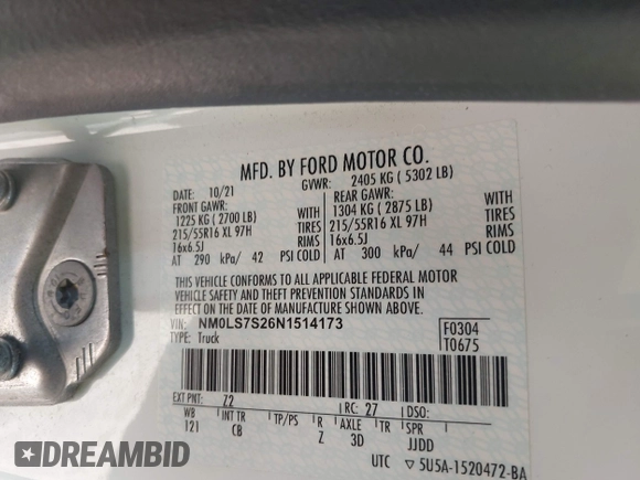 2022 Ford Transit Connect XL with VIN NM0LS7S26N1514173, listed as a IAAI auction lot 42219232 with 102,207 mi miles and . Bid and sale history available at DreamBid. Image 9.