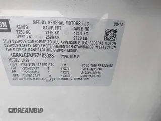 2015 Chevrolet Equinox LT with VIN 1GNALCEK8FZ103928, listed as a IAAI auction lot 41887866 with 1 mi miles. Bid and sale history available at carsss.com. Image 9.