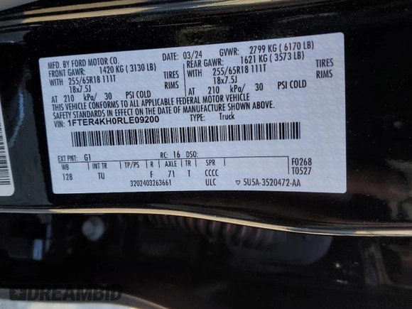 2024 Ford Ranger LARIAT with VIN 1FTER4KH0RLE09200, listed as a Copart auction lot 77574614 with 8,013 mi miles and Salvage Title. Bid and sale history available at carsss.com. Image 12.
