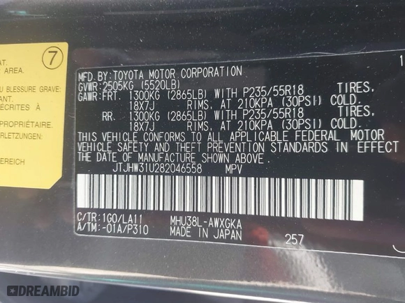 2008 Lexus RX 400h with VIN JTJHW31U282046558, listed as a IAAI auction lot 41864336 with 187,792 mi miles. Bid and sale history available at carsss.com. Image 9.
