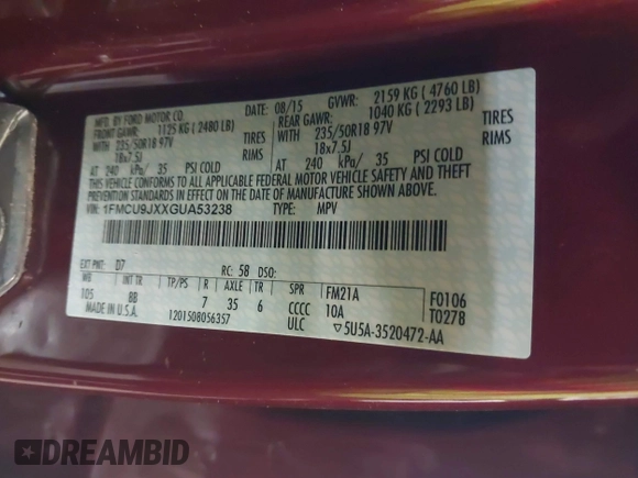2016 Ford Escape Titanium with VIN 1FMCU9JXXGUA53238, listed as a IAAI auction lot 38472772 with Not Provided miles and . Bid and sale history available at DreamBid. Image 9.