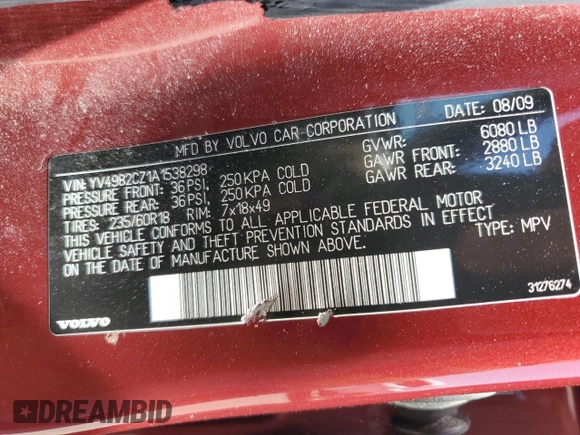 2010 Volvo XC90 I6 with VIN YV4982CZ1A1538298, listed as a Copart auction lot 52205615 with 126,872 mi miles and Salvage title. Bid and sale history available at DreamBid. Image 13.