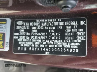 2012 Kia Sorento LX with VIN 5XYKT4A15CG254929, listed as a Copart auction lot 45902405 with 95,579 mi miles and Salvage Title. Bid and sale history available at DreamBid. Image 12.