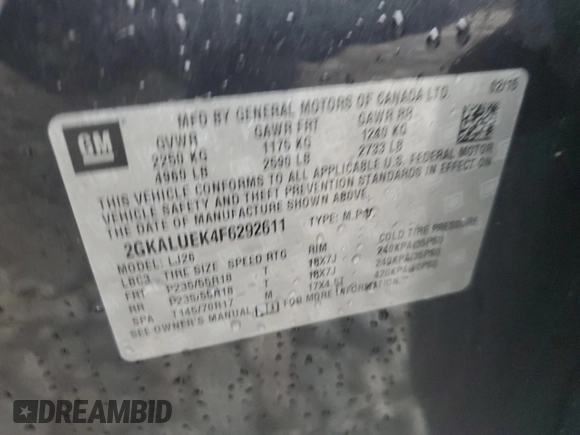 2015 GMC Terrain Denali with VIN 2GKALUEK4F6292611, listed as a Copart auction lot 43022335 with 124,229 mi miles and Salvage Title. Bid and sale history available at carsss.com. Image 13.