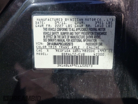 2012 Nissan Sentra SR with VIN 3N1AB6AP9CL652073, listed as a IAAI auction lot 42118007 with 170,647 mi miles and . Bid and sale history available at DreamBid. Image 9.