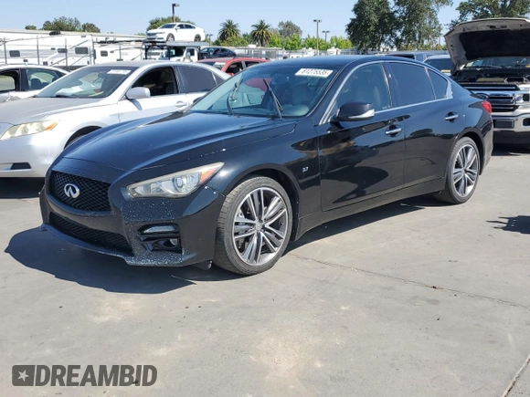 2014 Infiniti Q50 Premium with VIN JN1BV7ARXEM687605, listed as a Copart auction lot 61275535 with 104,337 mi miles and Salvage title. Bid and sale history available at DreamBid. Image 1.