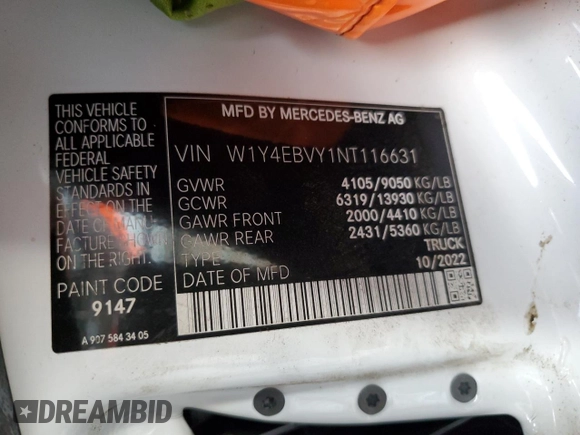 2022 Mercedes-Benz Sprinter with VIN W1Y4EBVY1NT116631, listed as a Copart auction lot 69082844 with Not Provided miles and Salvage Title. Bid and sale history available at DreamBid. Image 12.