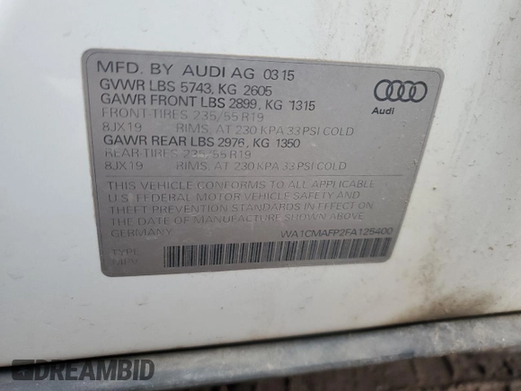 2015 Audi Q5 Premium Plus with VIN WA1CMAFP2FA125400, listed as a Copart auction lot 49182235 with 115,569 mi miles and Salvage title. Bid and sale history available at DreamBid. Image 12.