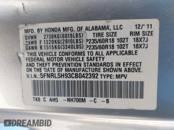 2012 Honda Odyssey Touring with VIN 5FNRL5H93CB042392, listed as a IAAI auction lot 41859533 with 169,141 mi miles. Bid and sale history available at carsss.com. Image 9.