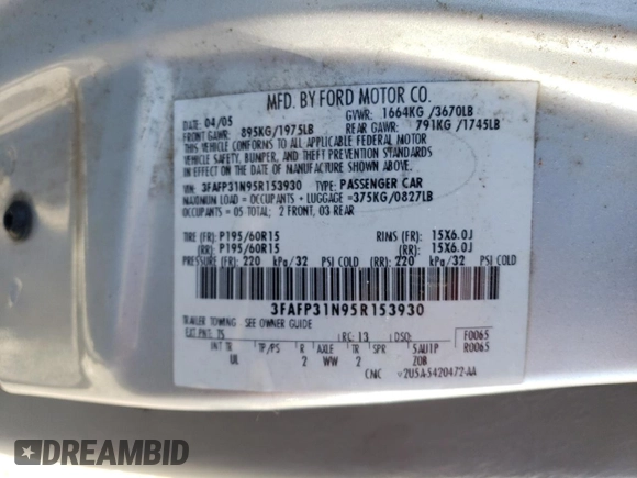 2005 Ford Focus S with VIN 3FAFP31N95R153930, listed as a Copart auction lot 47019315 with 96,985 mi miles and Salvage title. Bid and sale history available at DreamBid. Image 12.