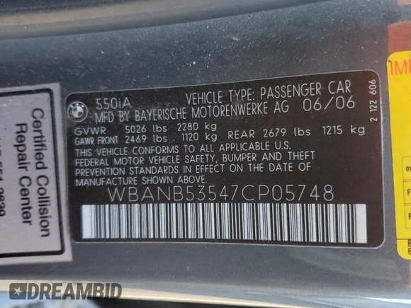 2007 BMW 5 Series 550i with VIN WBANB53547CP05748, listed as a Copart auction lot 43579165 with 117,230 mi miles and Salvage Title. Bid and sale history available at DreamBid. Image 13.