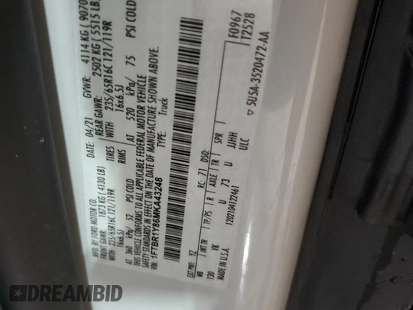 2021 Ford Transit Cargo с VIN 1FTBR1Y86MKA43248, выставлен на аукционе Copart как лот 50719255 с пробегом Не указан миль и Чистый • Clean title. История ставок и продаж доступна на DreamBid. Изображение 13.