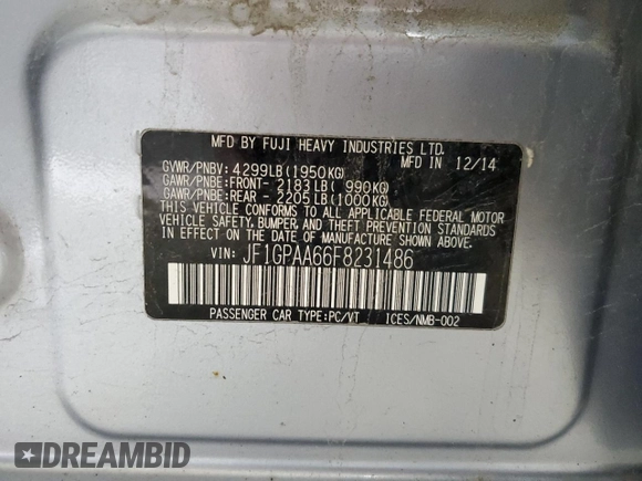 2015 Subaru Impreza 2.0i с VIN JF1GPAA66F8231486, выставлен на аукционе Copart как лот 52431895 с пробегом 171 598 миль миль и Списание • Salvage title. История ставок и продаж доступна на DreamBid. Изображение 15.