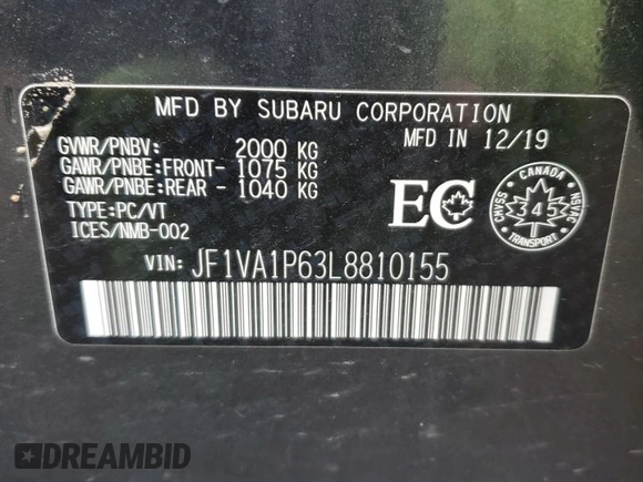 2020 Subaru WRX Limited with VIN JF1VA1P63L8810155, listed as a Copart auction lot 51496715 with 197,213 mi miles and Clean title. Bid and sale history available at DreamBid. Image 13.
