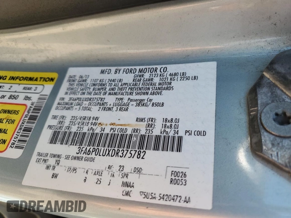 2013 Ford Fusion SE Hybrid with VIN 3FA6P0LUXDR375782, listed as a Copart auction lot 61994215 with Not provided miles and Non repairable. Bid and sale history available at DreamBid. Image 13.