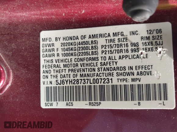 2007 Honda Element EX with VIN 5J6YH28737L007231, listed as a IAAI auction lot 41924340 with 192,173 mi miles and . Bid and sale history available at DreamBid. Image 9.