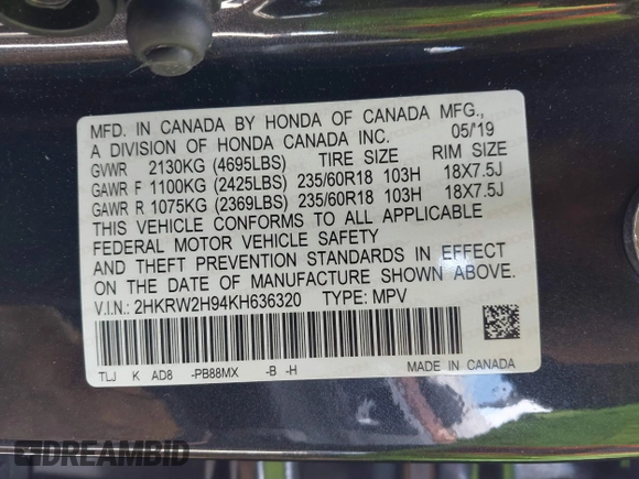 2019 Honda CR-V Touring with VIN 2HKRW2H94KH636320, listed as a IAAI auction lot 41838844 with 37,412 mi miles. Bid and sale history available at carsss.com. Image 9.