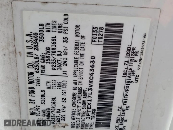 1997 Ford F-150 XL with VIN 1FTEX17L3VKC43630, listed as a Copart auction lot 42182445 with 287,224 mi miles and Salvage title. Bid and sale history available at DreamBid. Image 14.