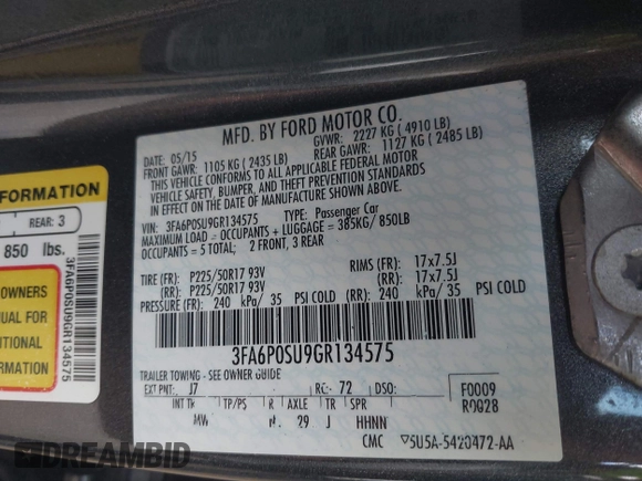 2016 Ford Fusion Titanium with VIN 3FA6P0SU9GR134575, listed as a IAAI auction lot 42338427 with 123,765 mi miles and . Bid and sale history available at DreamBid. Image 9.