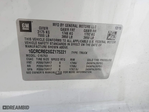 2016 Chevrolet Silverado 1500 LT with VIN 1GCRCREC6GZ175221, listed as a IAAI auction lot 41829753 with 1 mi miles. Bid and sale history available at carsss.com. Image 9.