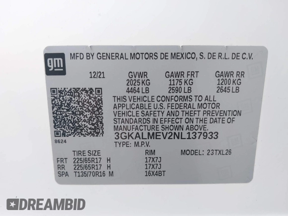 2022 GMC Terrain SLE z VIN 3GKALMEV2NL137933, wystawiony jako IAAI lot #42337794 z przebiegiem 55 307 mil mil oraz . Historia ofert i sprzedaży dostępna na DreamBid. Obrazek 9.