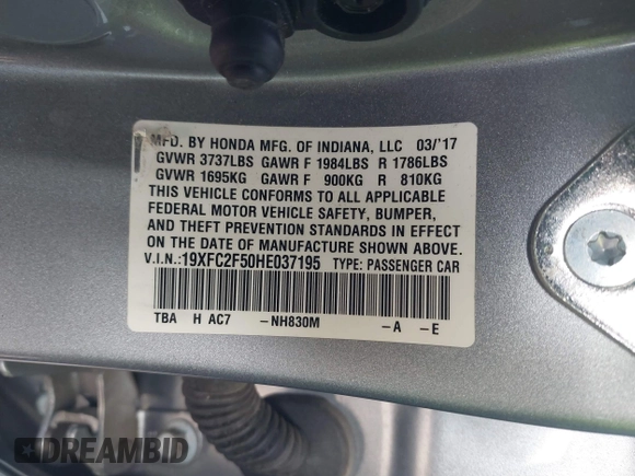 2017 Honda Civic Sedan LX with VIN 19XFC2F50HE037195, listed as a IAAI auction lot 41869368 with 50,538 mi miles. Bid and sale history available at carsss.com. Image 9.