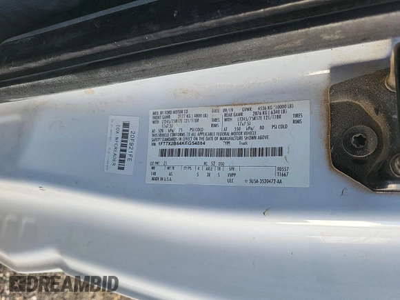 2019 Ford F-250 XL with VIN 1FT7X2B64KEG54884, listed as a IAAI auction lot 42199353 with 119,040 mi miles and . Bid and sale history available at DreamBid. Image 1.