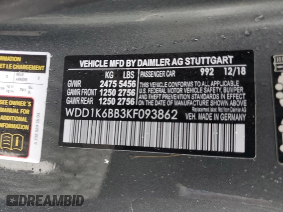 2019 Mercedes-Benz E 53 AMG with VIN WDD1K6BB3KF093862, listed as a Copart auction lot 60511964 with Not Provided miles and Salvage Title. Bid and sale history available at DreamBid. Image 13.