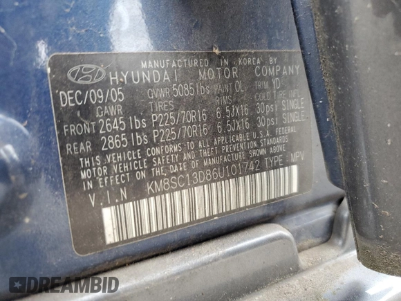 2006 Hyundai Santa Fe GLS with VIN KM8SC13D86U101742, listed as a Copart auction lot 72785044 with 137,819 mi miles and Salvage Title. Bid and sale history available at carsss.com. Image 13.