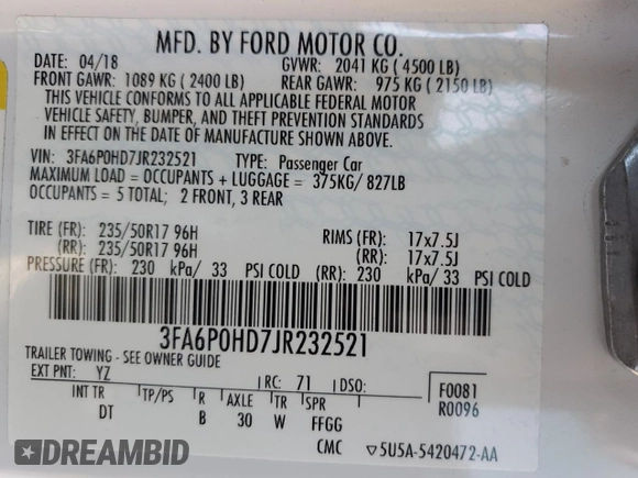 2018 Ford Fusion SE with VIN 3FA6P0HD7JR232521, listed as a Copart auction lot 74800164 with Not Provided miles and Salvage Title. Bid and sale history available at DreamBid. Image 14.