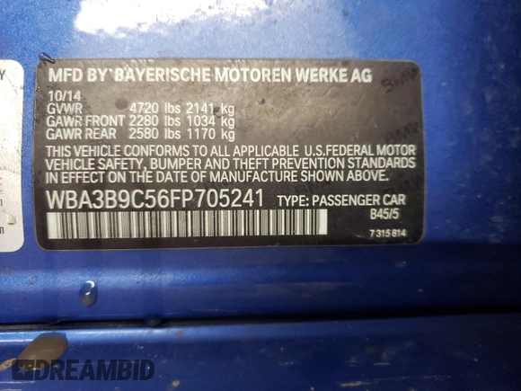 2015 BMW 3 Series 335i xDrive with VIN WBA3B9C56FP705241, listed as a Copart auction lot 85219074 with 193,438 mi miles and Salvage title. Bid and sale history available at DreamBid. Image 12.