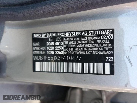 2003 Mercedes-Benz C with VIN WDBRF65JX3F410427, listed as a Copart auction lot 45677345 with Not provided miles and Salvage title. Bid and sale history available at DreamBid. Image 12.