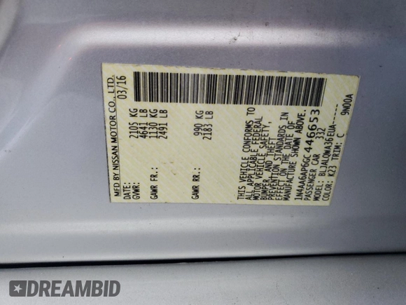 2016 Nissan Maxima SL with VIN 1N4AA6AP6GC446653, listed as a Copart auction lot 46621645 with 124,538 mi miles and Salvage Title. Bid and sale history available at DreamBid. Image 13.