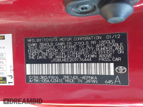 2012 Toyota Corolla L with VIN JTDBU4EE2C9176444, listed as a IAAI auction lot 41669540 with 113,998 mi miles and . Bid and sale history available at DreamBid. Image 9.