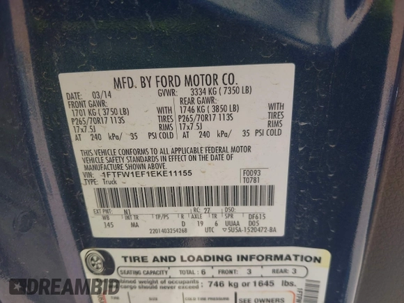 2014 Ford F-150 XL with VIN 1FTFW1EF1EKE11155, listed as a IAAI auction lot 42013793 with 245,476 mi miles and . Bid and sale history available at DreamBid. Image 9.