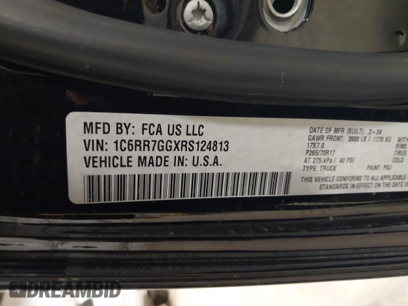 2024 Ram 1500 SLT with VIN 1C6RR7GGXRS124813, listed as a IAAI auction lot 41752900 with 23,758 mi miles and . Bid and sale history available at DreamBid. Image 9.