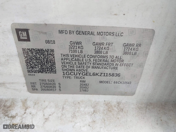 2019 Chevrolet Silverado 1500 LTZ with VIN 1GCUYGEL6KZ115836, listed as a IAAI auction lot 41694386 with 170,560 mi miles. Bid and sale history available at carsss.com. Image 9.