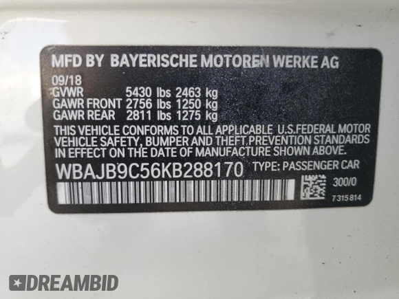 2019 BMW 5 Series M550i xDrive with VIN WBAJB9C56KB288170, listed as a Copart auction lot 54415635 with Not provided miles and Non repairable. Bid and sale history available at DreamBid. Image 13.