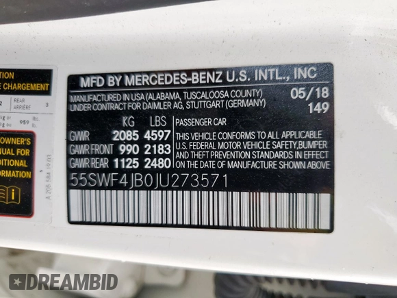 2018 Mercedes-Benz C 300 с VIN 55SWF4JB0JU273571, выставлен на аукционе Copart как лот 59123695 с пробегом 74 900 миль миль и Списание • Salvage title. История ставок и продаж доступна на DreamBid. Изображение 13.