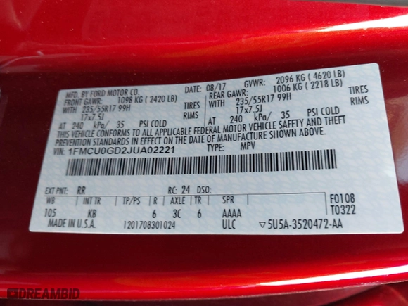 2018 Ford Escape SE with VIN 1FMCU0GD2JUA02221, listed as a IAAI auction lot 41702046 with 92,086 mi miles. Bid and sale history available at carsss.com. Image 9.