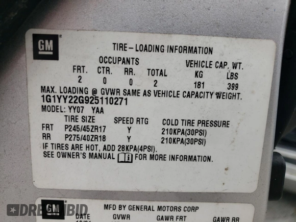 2002 Chevrolet Corvette with VIN 1G1YY22G925110271, listed as a Copart auction lot 86777864 with 118,309 mi miles and Salvage Title. Bid and sale history available at carsss.com. Image 14.