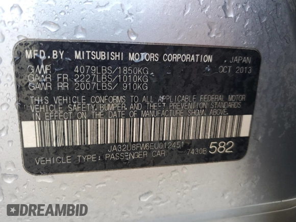 2014 Mitsubishi Lancer GT with VIN JA32U8FW6EU012451, listed as a Copart auction lot 86630494 with 147,390 mi miles and Salvage Title. Bid and sale history available at carsss.com. Image 12.